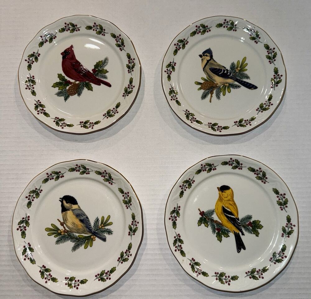 4 Gibson 6" Bread Plates Birds Holly Berry Border Hand Wash Only